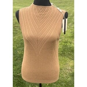 Elie Tahari Natalia Sleeveless Sweater 100% Merino Wool Ribbed Knit Warm‎ Carmel